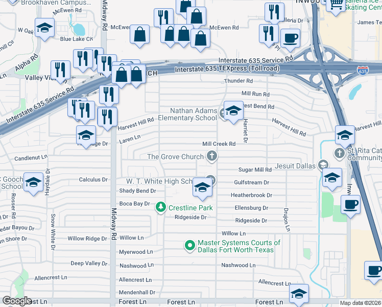 map of restaurants, bars, coffee shops, grocery stores, and more near 4526 Mill Creek Road in Dallas