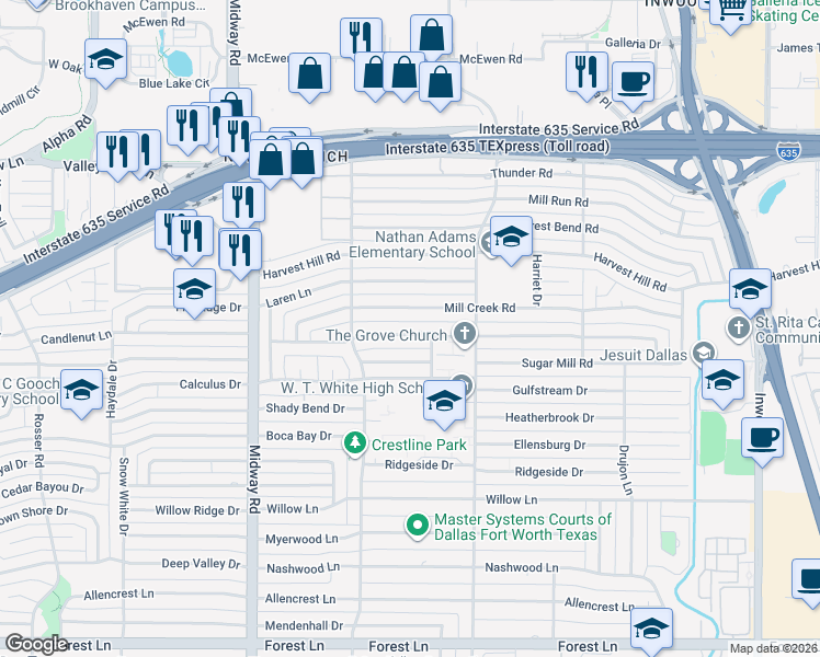 map of restaurants, bars, coffee shops, grocery stores, and more near 4446 Mill Creek Road in Dallas