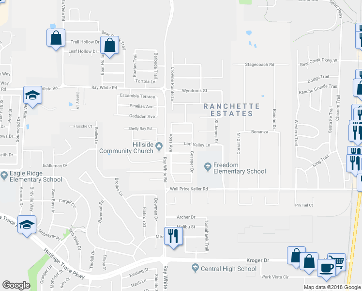 map of restaurants, bars, coffee shops, grocery stores, and more near 5216 Lori Valley Lane in Fort Worth