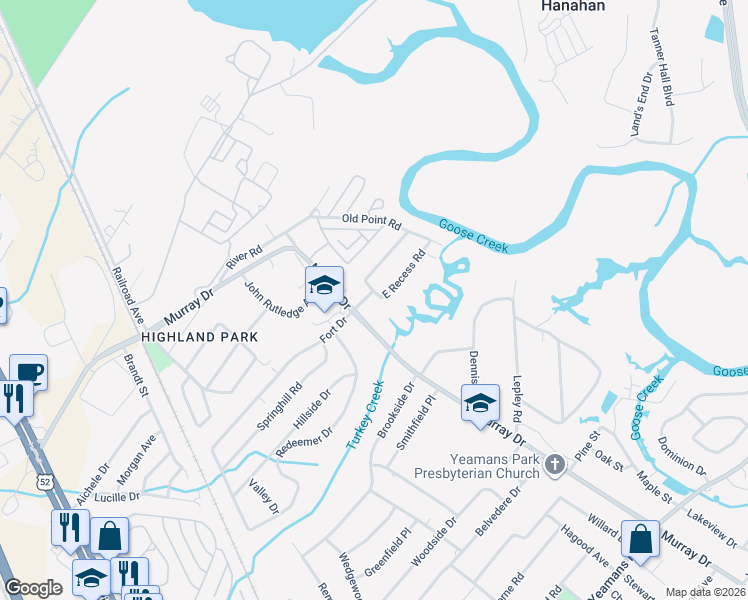 map of restaurants, bars, coffee shops, grocery stores, and more near 1022 East Recess Road in Hanahan