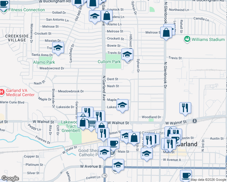 map of restaurants, bars, coffee shops, grocery stores, and more near 1300 Nash Street in Garland