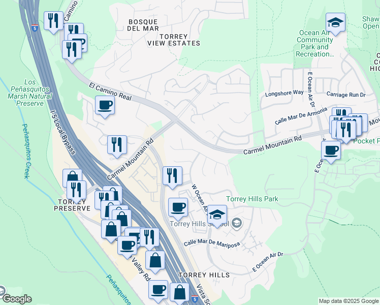 map of restaurants, bars, coffee shops, grocery stores, and more near 3971 Via Cangrejo in San Diego