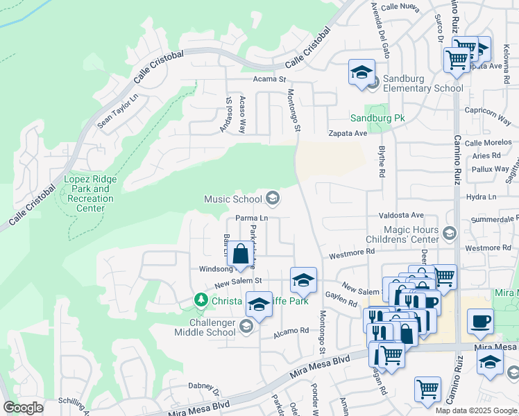 map of restaurants, bars, coffee shops, grocery stores, and more near 7711 Canyon Point Lane in San Diego