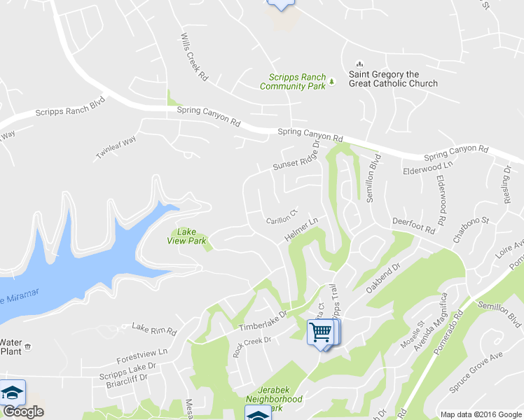 map of restaurants, bars, coffee shops, grocery stores, and more near Carillon Ct & Steuer Way in San Diego