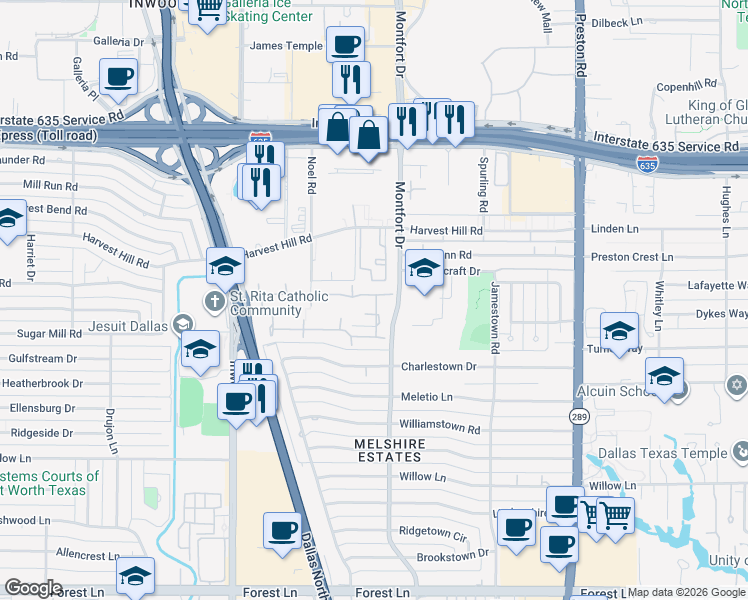 map of restaurants, bars, coffee shops, grocery stores, and more near 12243 Montego Plaza in Dallas