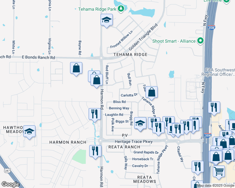 map of restaurants, bars, coffee shops, grocery stores, and more near 10001 Bull Run in Fort Worth