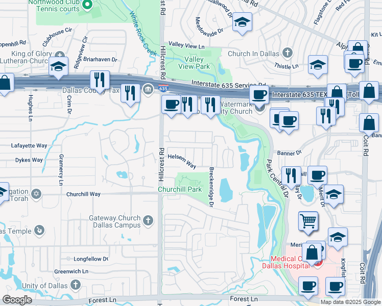 map of restaurants, bars, coffee shops, grocery stores, and more near 7035 Helsem Way in Dallas