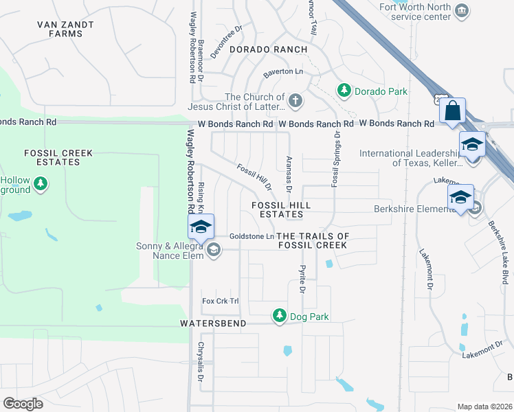 map of restaurants, bars, coffee shops, grocery stores, and more near 10457 Winding Passage Way in Fort Worth