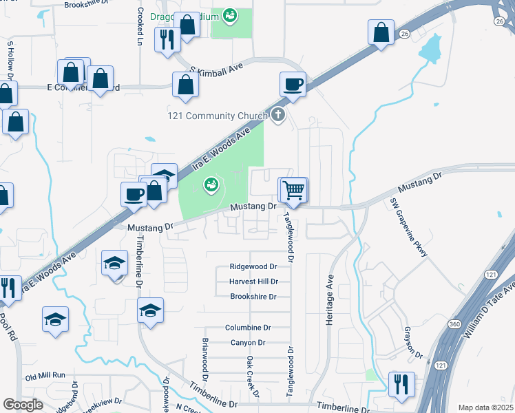 map of restaurants, bars, coffee shops, grocery stores, and more near 2871 Mustang Drive in Grapevine