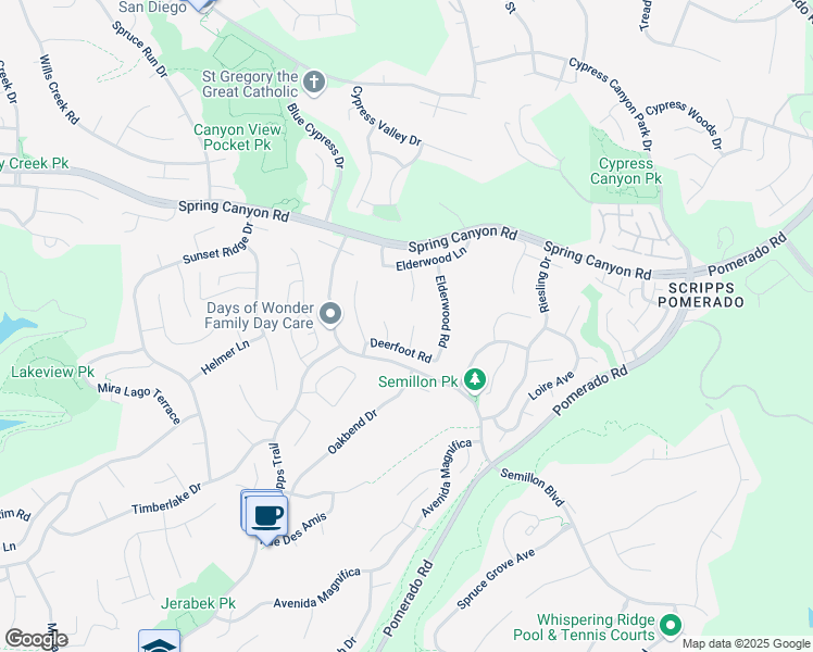 map of restaurants, bars, coffee shops, grocery stores, and more near 10905 Elderwood Court in San Diego