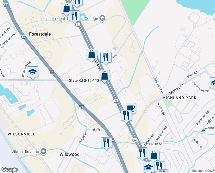 map of restaurants, bars, coffee shops, grocery stores, and more near in Charleston