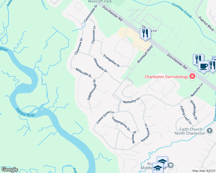 map of restaurants, bars, coffee shops, grocery stores, and more near 5506 Sageborough Drive in North Charleston