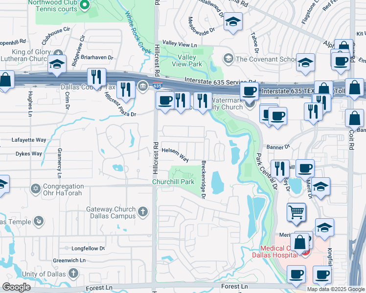 map of restaurants, bars, coffee shops, grocery stores, and more near 7021 Helsem Way in Dallas