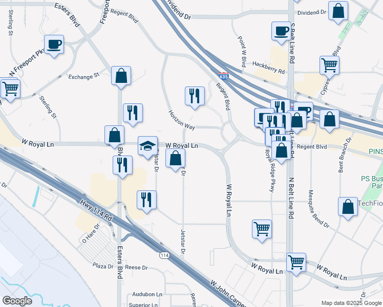 map of restaurants, bars, coffee shops, grocery stores, and more near 4040 West Royal Lane in Irving
