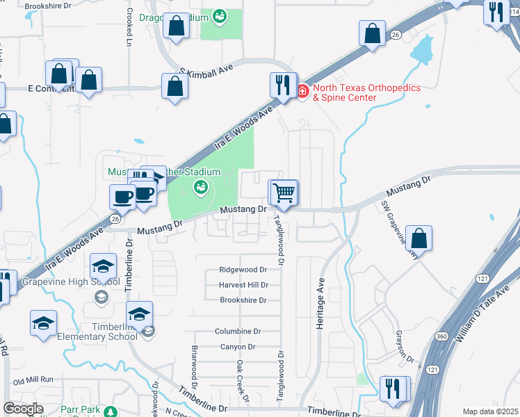 map of restaurants, bars, coffee shops, grocery stores, and more near 2803 Mustang Drive in Grapevine