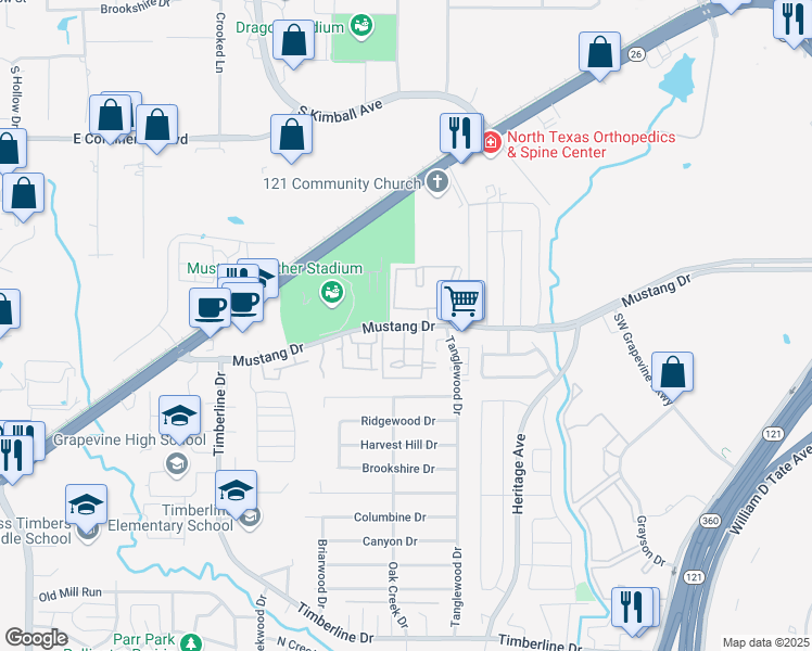 map of restaurants, bars, coffee shops, grocery stores, and more near 2865 Mustang Drive in Grapevine