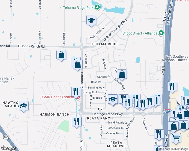 map of restaurants, bars, coffee shops, grocery stores, and more near 10028 Bull Run in Fort Worth