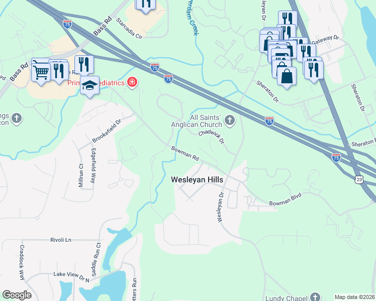 map of restaurants, bars, coffee shops, grocery stores, and more near 151 Chadwick Drive in Macon