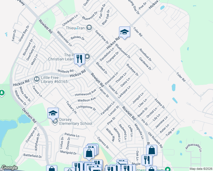 map of restaurants, bars, coffee shops, grocery stores, and more near 6609 Violet Drive in Rowlett