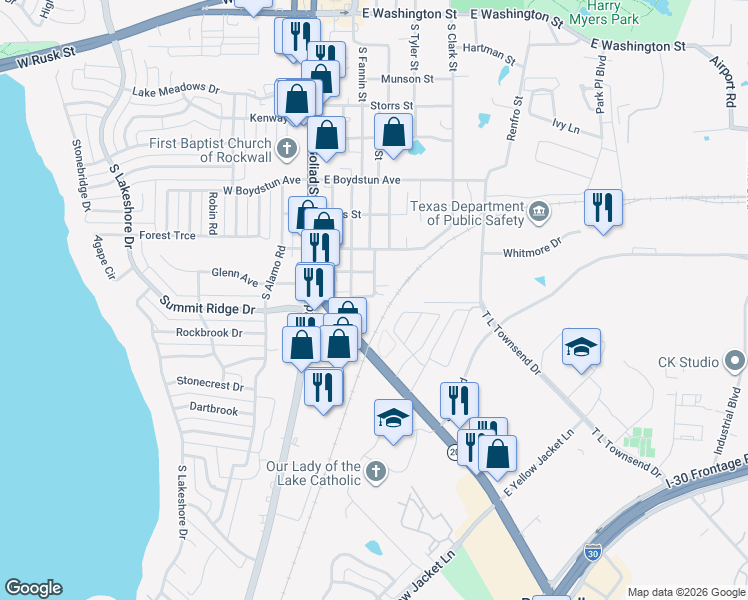 map of restaurants, bars, coffee shops, grocery stores, and more near 510 Dickey Street in Rockwall