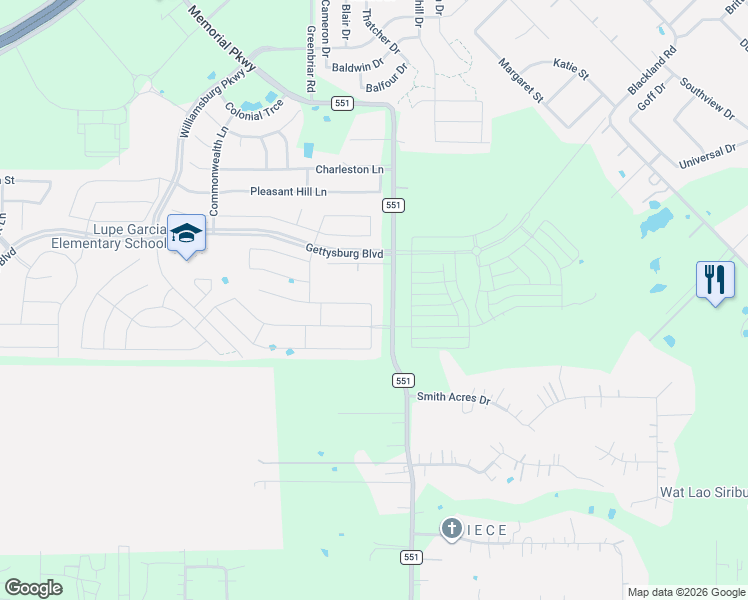 map of restaurants, bars, coffee shops, grocery stores, and more near 2380 Farm to Market Road 551 in Royse City