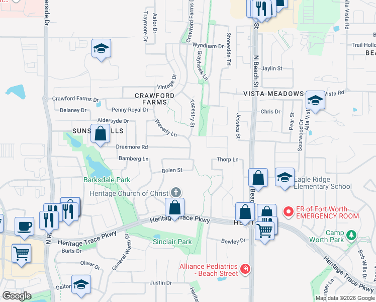 map of restaurants, bars, coffee shops, grocery stores, and more near 4173 Drexmore Road in Fort Worth