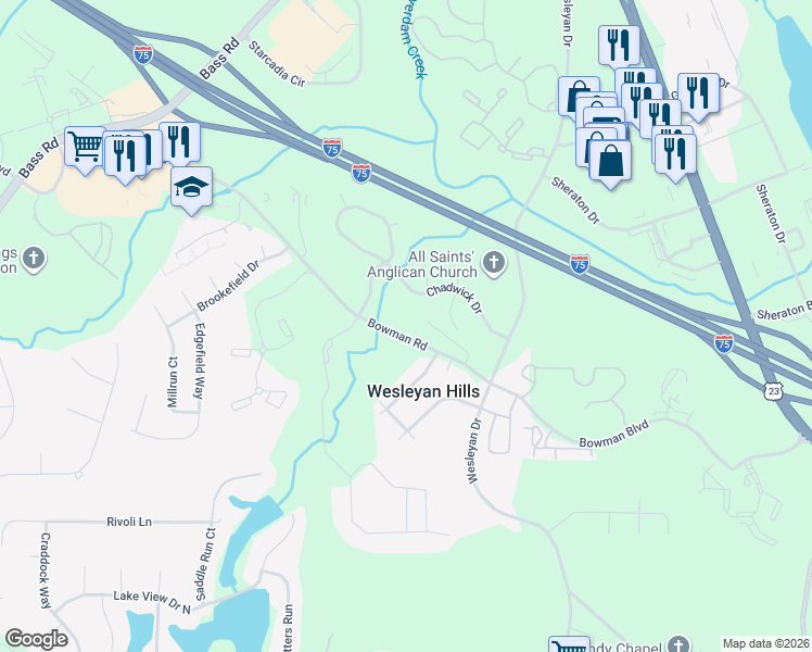 map of restaurants, bars, coffee shops, grocery stores, and more near 151 Chadwick Drive in Macon