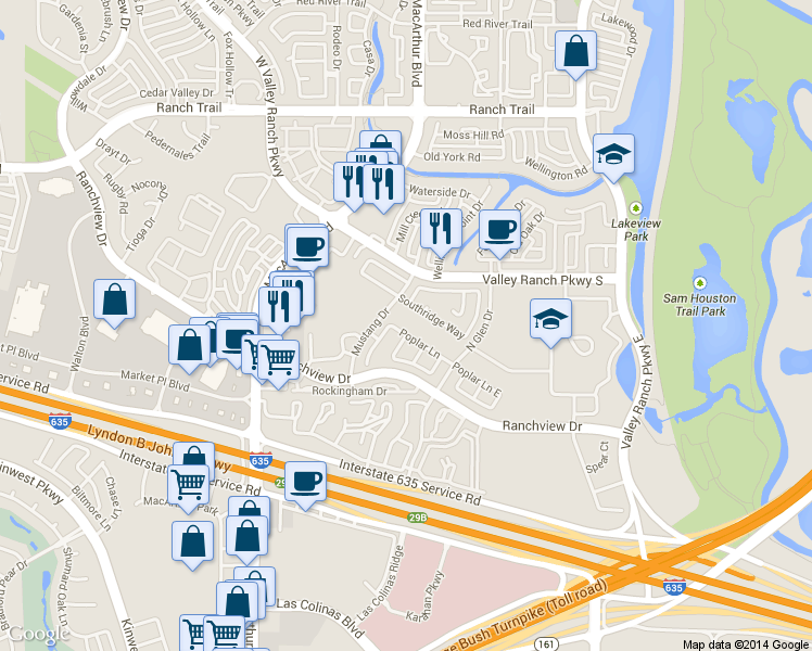 map of restaurants, bars, coffee shops, grocery stores, and more near 607 Poplar Lane in Irving
