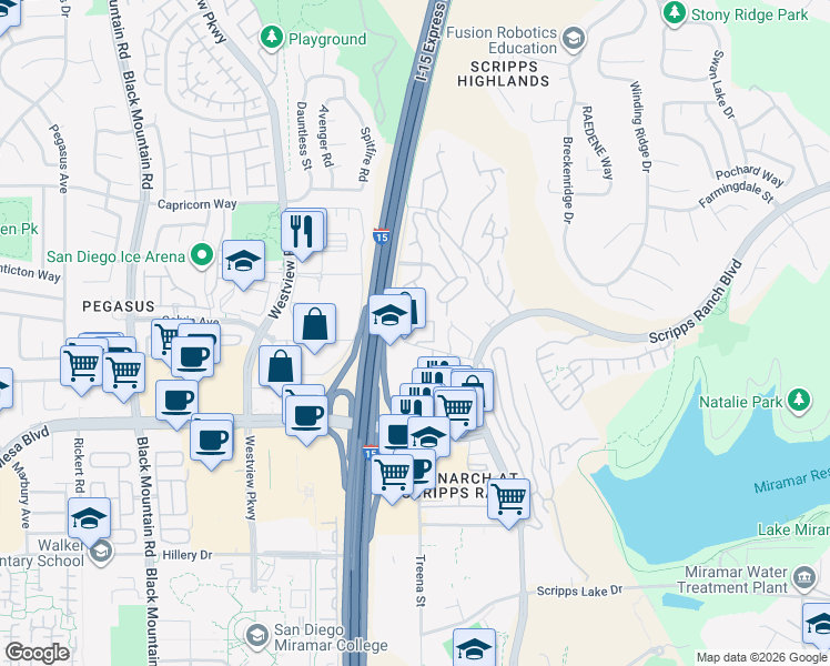 map of restaurants, bars, coffee shops, grocery stores, and more near 9878 Erma Road in San Diego