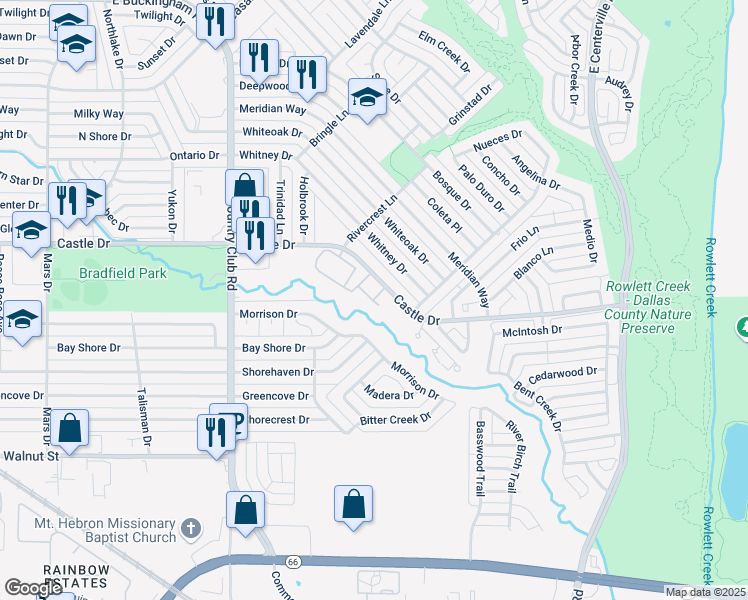 map of restaurants, bars, coffee shops, grocery stores, and more near 1800 Castle Drive in Garland