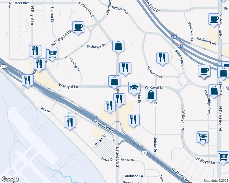 map of restaurants, bars, coffee shops, grocery stores, and more near 8235 Esters Boulevard in Irving
