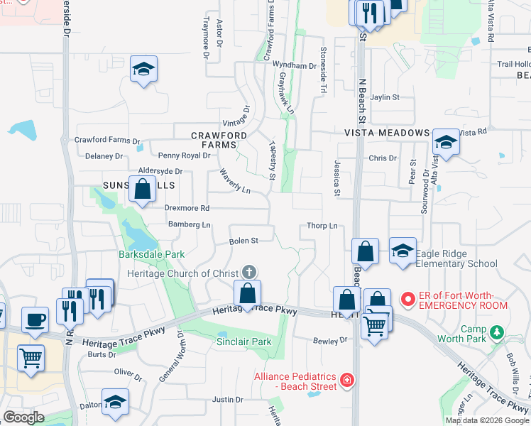 map of restaurants, bars, coffee shops, grocery stores, and more near 4173 Drexmore Road in Fort Worth