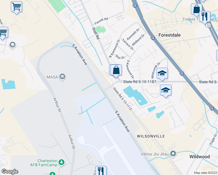 map of restaurants, bars, coffee shops, grocery stores, and more near Stewart Avenue in Charleston