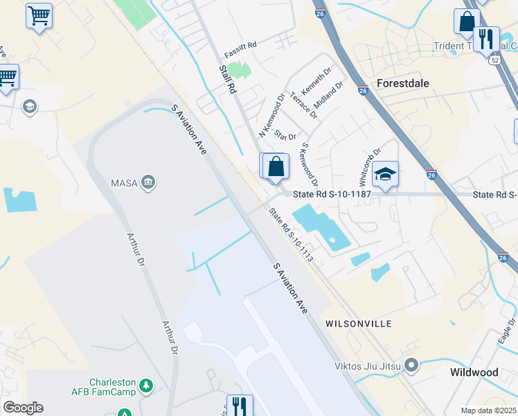 map of restaurants, bars, coffee shops, grocery stores, and more near Stewart Avenue in Charleston