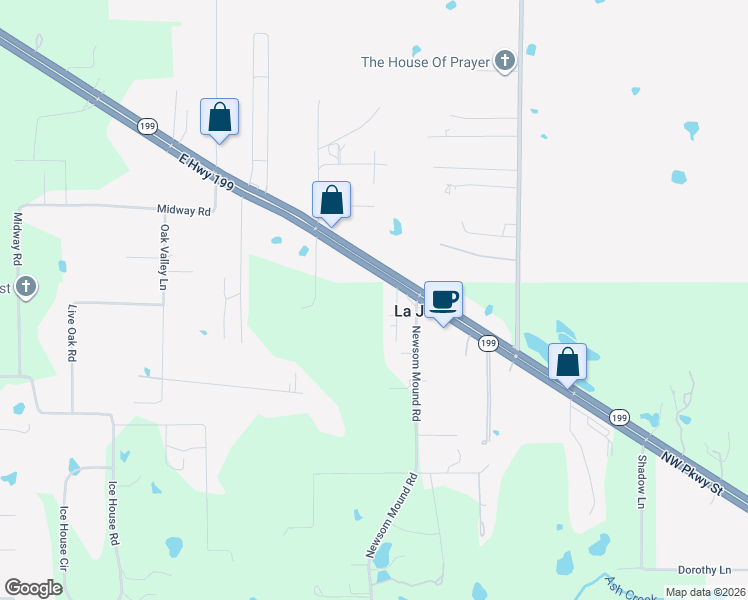 map of restaurants, bars, coffee shops, grocery stores, and more near 4990 East Highway 199 in Springtown