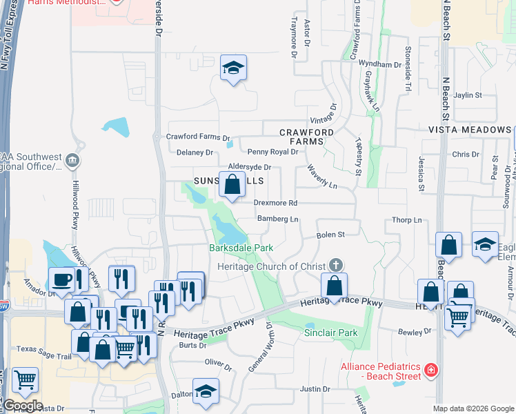 map of restaurants, bars, coffee shops, grocery stores, and more near 9901 Sedgewick Road in Fort Worth