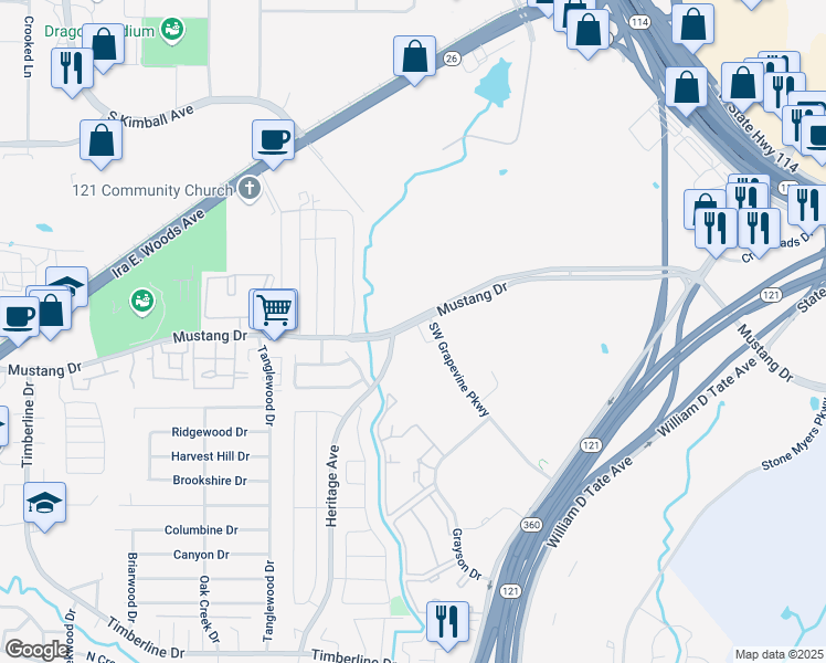 map of restaurants, bars, coffee shops, grocery stores, and more near 2311 Mustang Drive in Grapevine