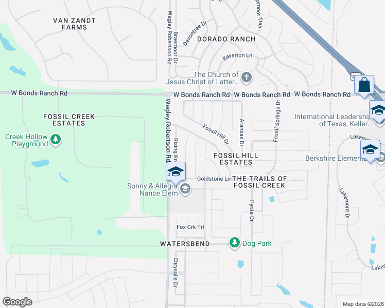map of restaurants, bars, coffee shops, grocery stores, and more near 10456 Hideaway Trail in Fort Worth