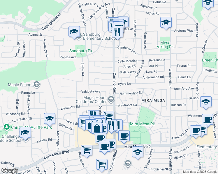 map of restaurants, bars, coffee shops, grocery stores, and more near 8313 Hydra Lane in San Diego
