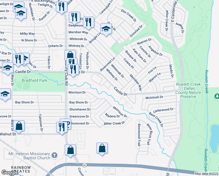 map of restaurants, bars, coffee shops, grocery stores, and more near 1800 Castle Drive in Garland