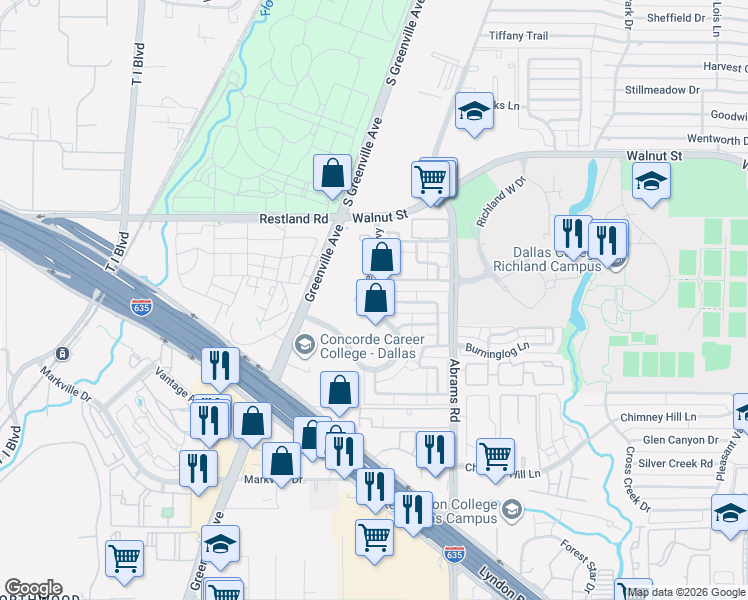 map of restaurants, bars, coffee shops, grocery stores, and more near 9702 Amberton Parkway in Dallas