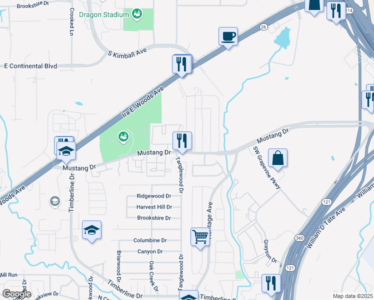 map of restaurants, bars, coffee shops, grocery stores, and more near 107 Chisholm in Grapevine
