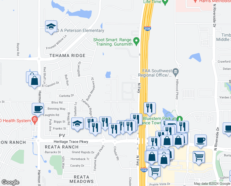 map of restaurants, bars, coffee shops, grocery stores, and more near 9925 Tule Lake Road in Fort Worth