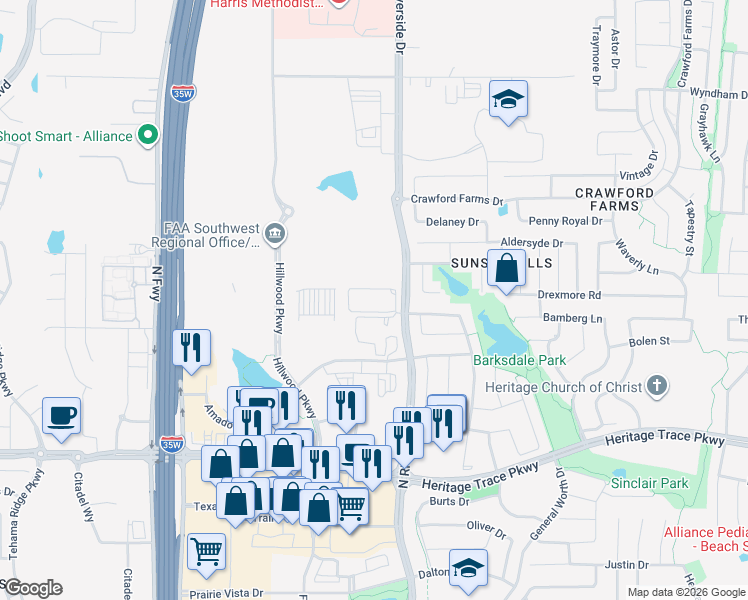 map of restaurants, bars, coffee shops, grocery stores, and more near 9983-10079 Old Denton Road in Fort Worth