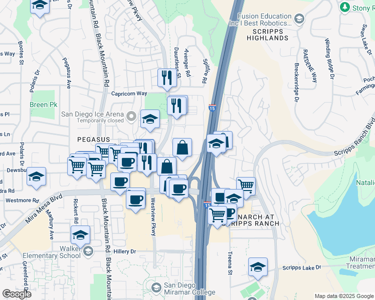 map of restaurants, bars, coffee shops, grocery stores, and more near 9830 Sydney Lane in San Diego