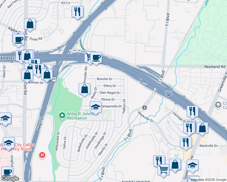 map of restaurants, bars, coffee shops, grocery stores, and more near 8411 Glen Regal Drive in Dallas