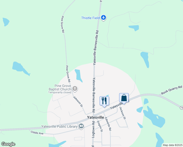 map of restaurants, bars, coffee shops, grocery stores, and more near 45 Yatesville-Barnesville Road in Yatesville