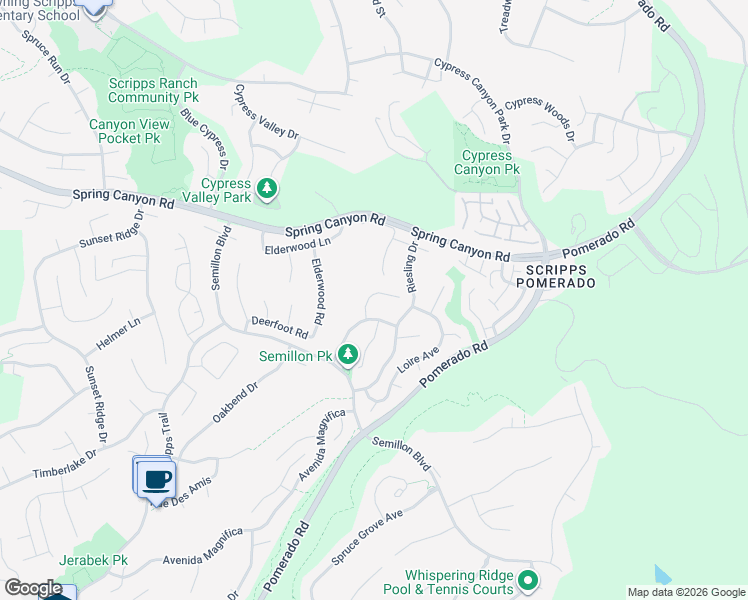 map of restaurants, bars, coffee shops, grocery stores, and more near 10836 Charbono Point in San Diego