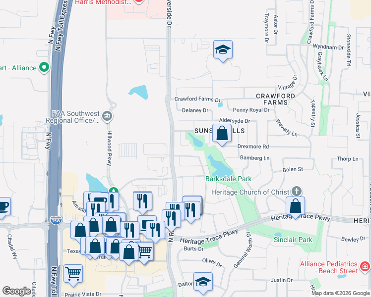 map of restaurants, bars, coffee shops, grocery stores, and more near 9937 Delamere Drive in Fort Worth