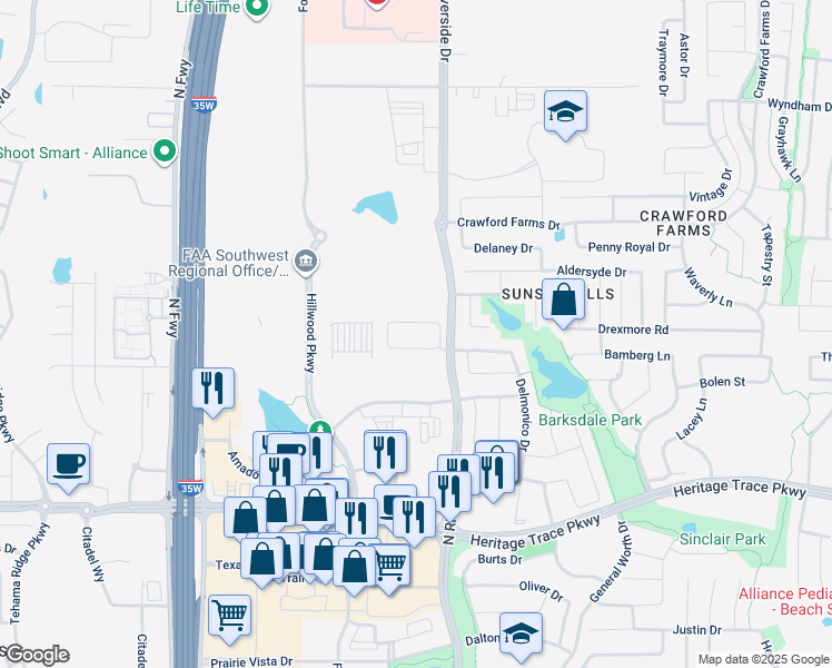 map of restaurants, bars, coffee shops, grocery stores, and more near 9983-10079 Old Denton Road in Fort Worth